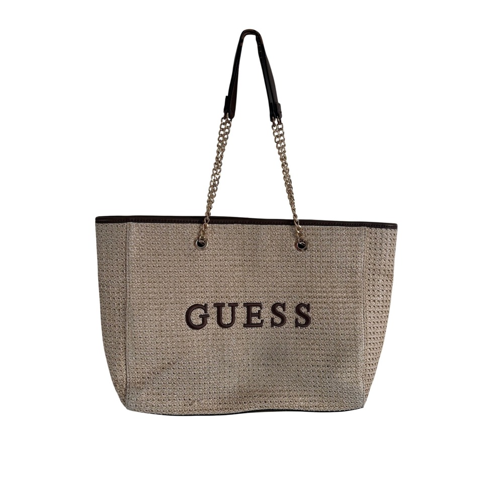Guess Woven Straw Tote Bag Brown Faux Leather Trim Gold Chain Strap Summer